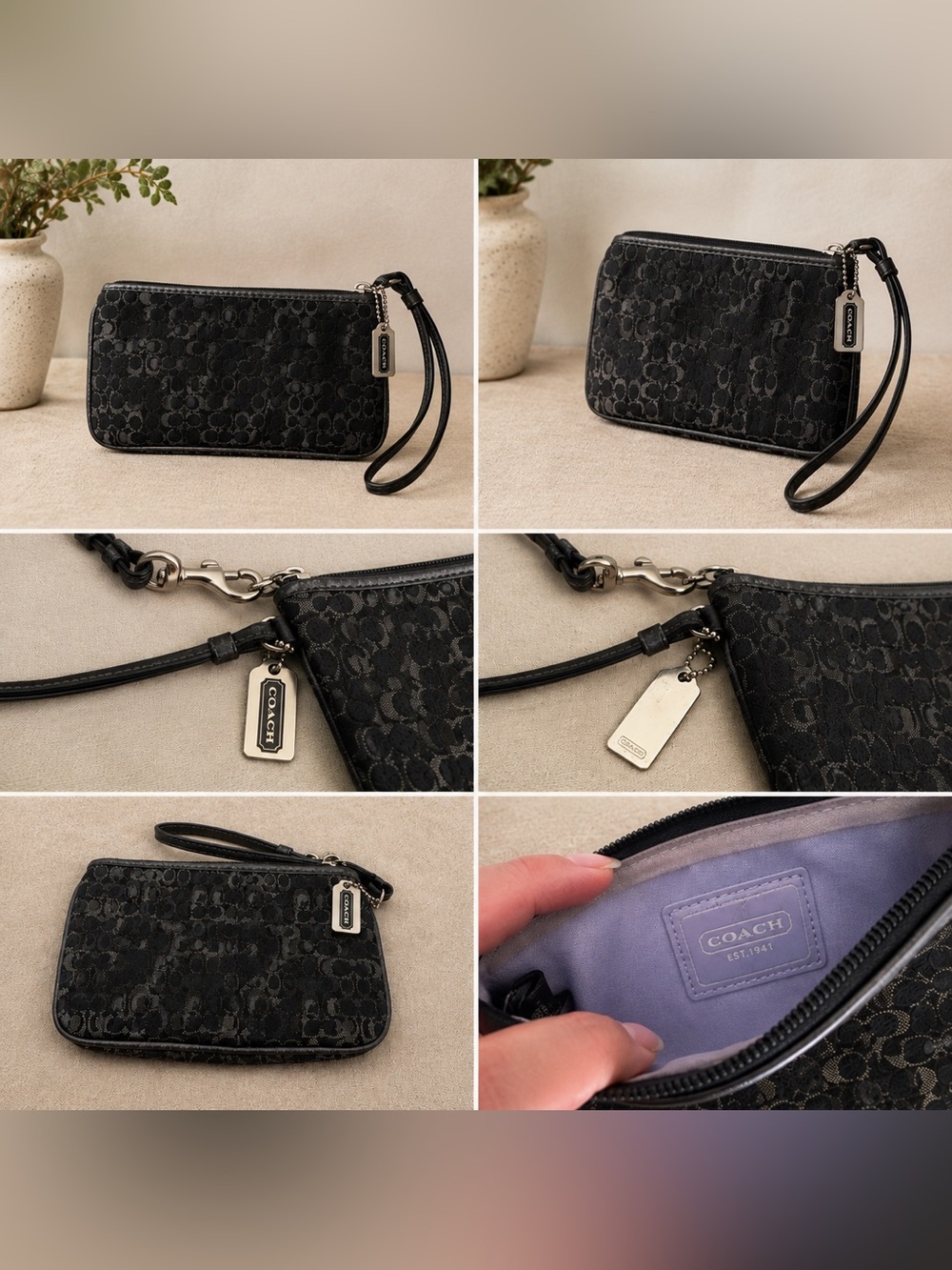 Coach Black Signature Wristlet with Silver Tags
